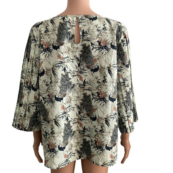 World Market Blouse Womens Small Medium Green Floral Peacocks Pleated Sleeve - Picture 2 of 9